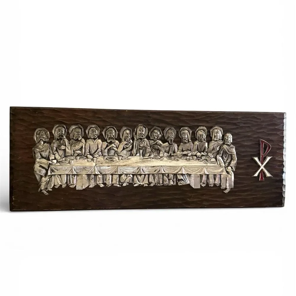 Vintage Last Supper Wood Carved Wall Art Panel Christian Chi Rho Decor